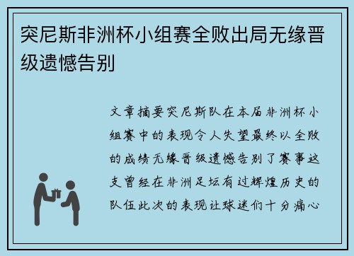 突尼斯非洲杯小组赛全败出局无缘晋级遗憾告别