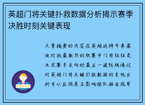 英超门将关键扑救数据分析揭示赛季决胜时刻关键表现