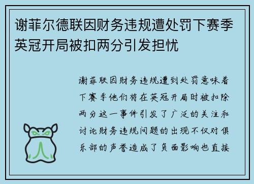 谢菲尔德联因财务违规遭处罚下赛季英冠开局被扣两分引发担忧 谢菲尔德联因财务违规遭处罚下赛季英冠开局被扣两分引发担忧